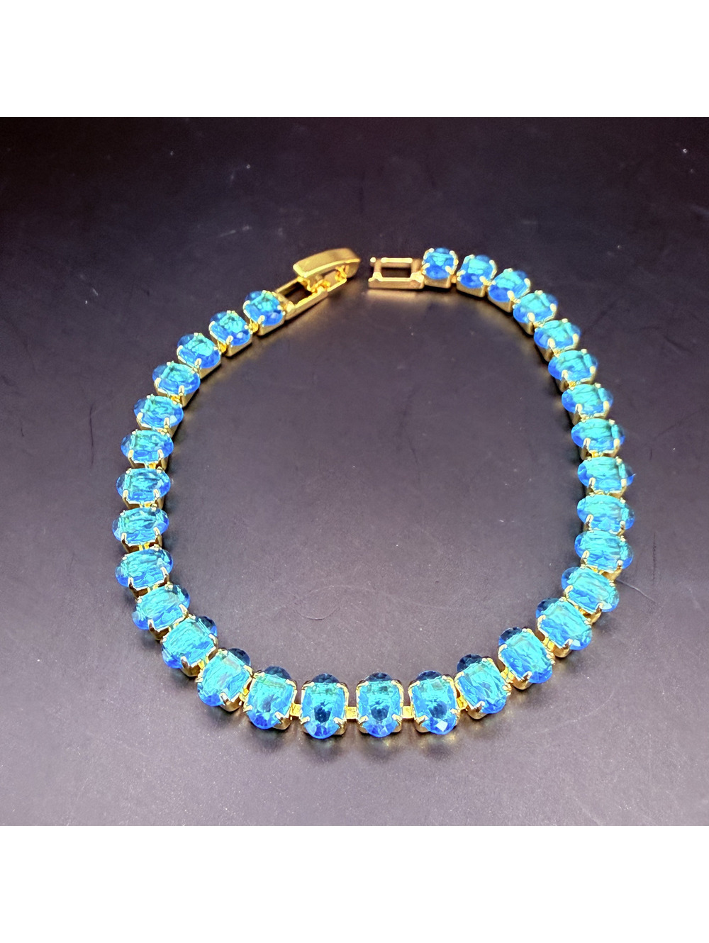 candy+clover aqua oval crystal gold tone tennis bracelet
